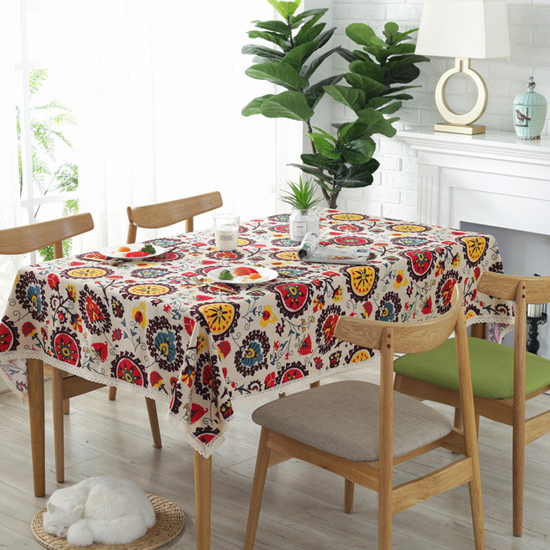 Sunflower Cotton Linen Tablecloth – Rustic Farmhouse Table Cover for Kitchen or Dining Room
