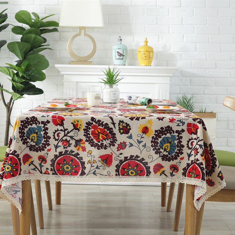 Sunflower Cotton Linen Tablecloth – Rustic Farmhouse Table Cover for Kitchen or Dining Room