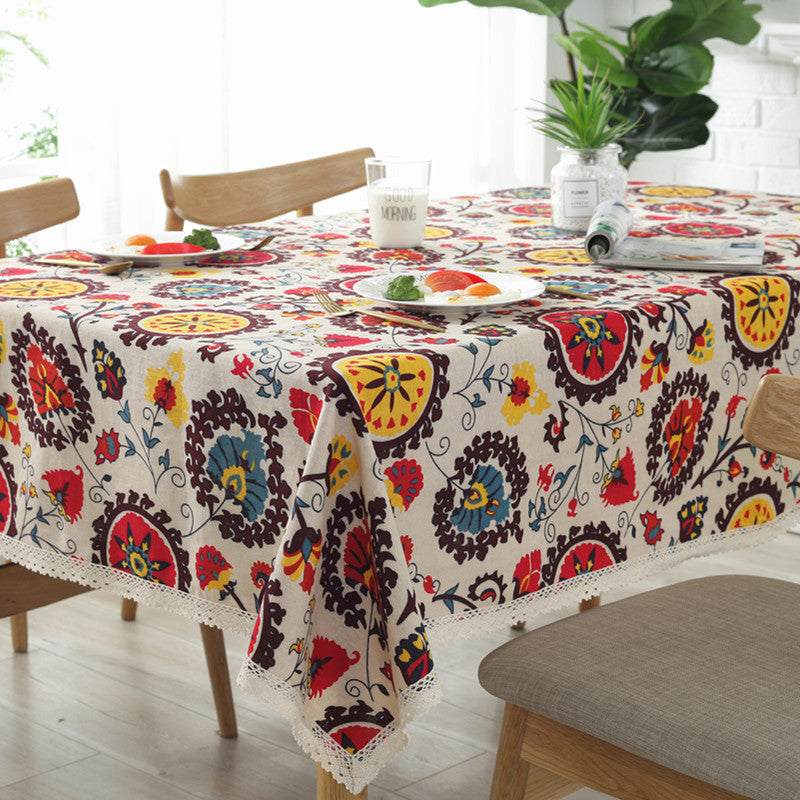 Sunflower Cotton Linen Tablecloth – Rustic Farmhouse Table Cover for Kitchen or Dining Room