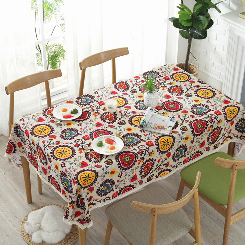 Sunflower Cotton Linen Tablecloth – Rustic Farmhouse Table Cover for Kitchen or Dining Room