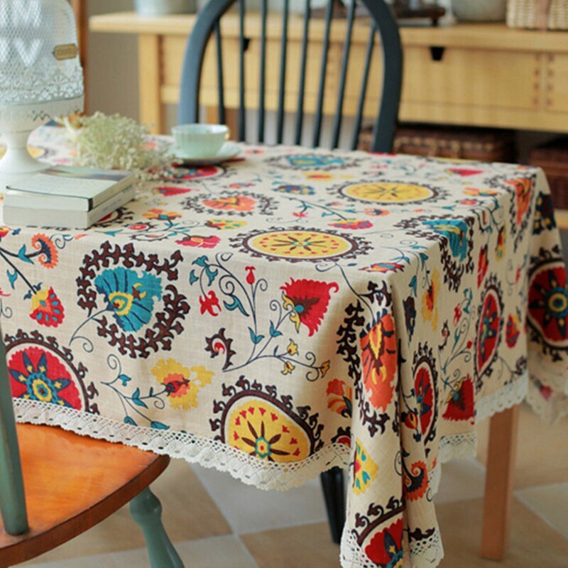 Sunflower Cotton Linen Tablecloth – Rustic Farmhouse Table Cover for Kitchen or Dining Room