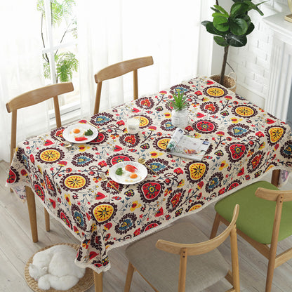 Sunflower Cotton Linen Tablecloth – Rustic Farmhouse Table Cover for Kitchen or Dining Room