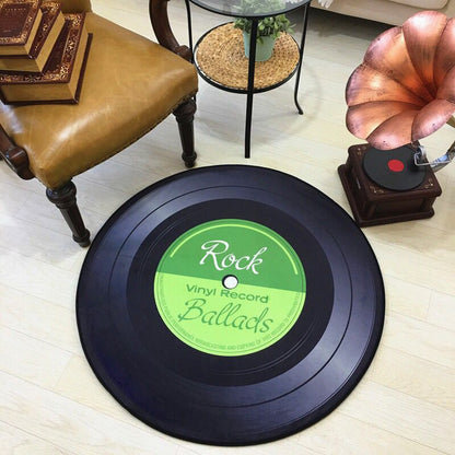 Vintage Vinyl-Inspired Round Rug – Decorative Dining Area Mat
