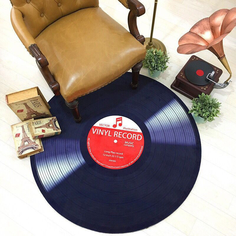 Vintage Vinyl-Inspired Round Rug – Decorative Dining Area Mat