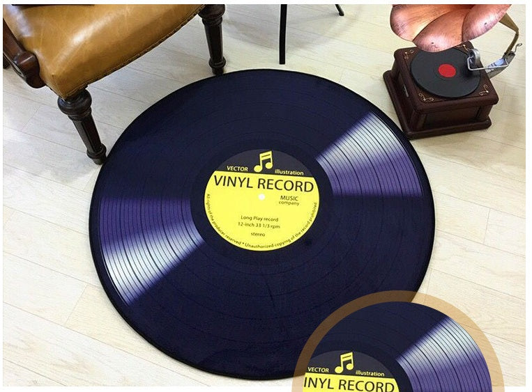 Vintage Vinyl-Inspired Round Rug – Decorative Dining Area Mat