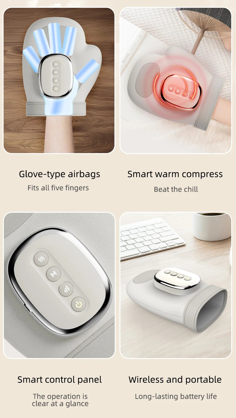 Electric Hand Massager ｗith Airbag Compression Warm Heating Cordless Glove Massager Application for Palm Finger Relaxation Gift